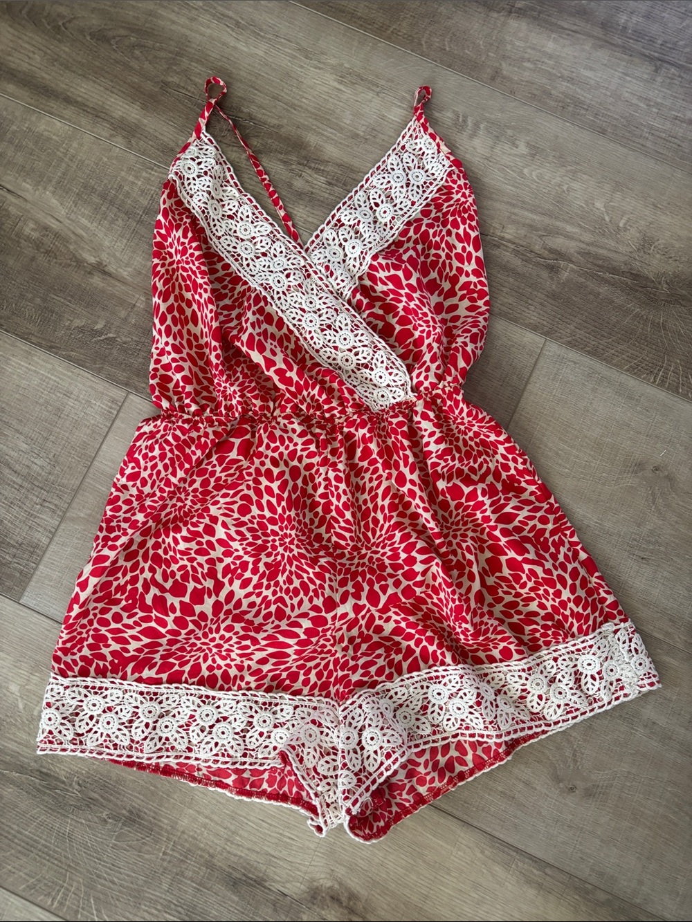 monaco Red & Cream Floral Lace-Trim Romper
